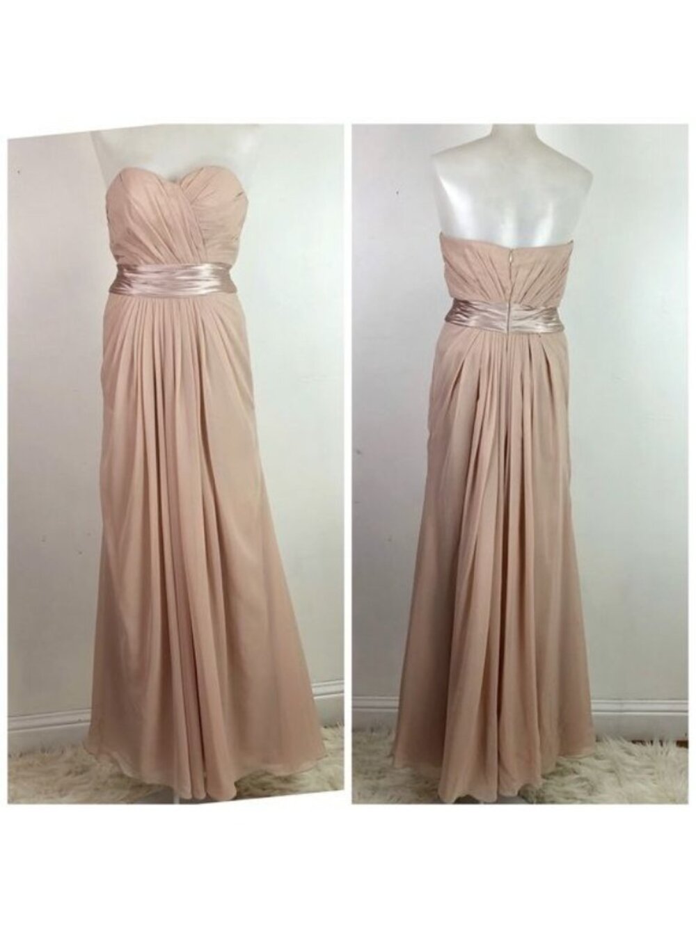 Franssical Strapless Pleated Bodice Chiffon Gown champagne color size 6